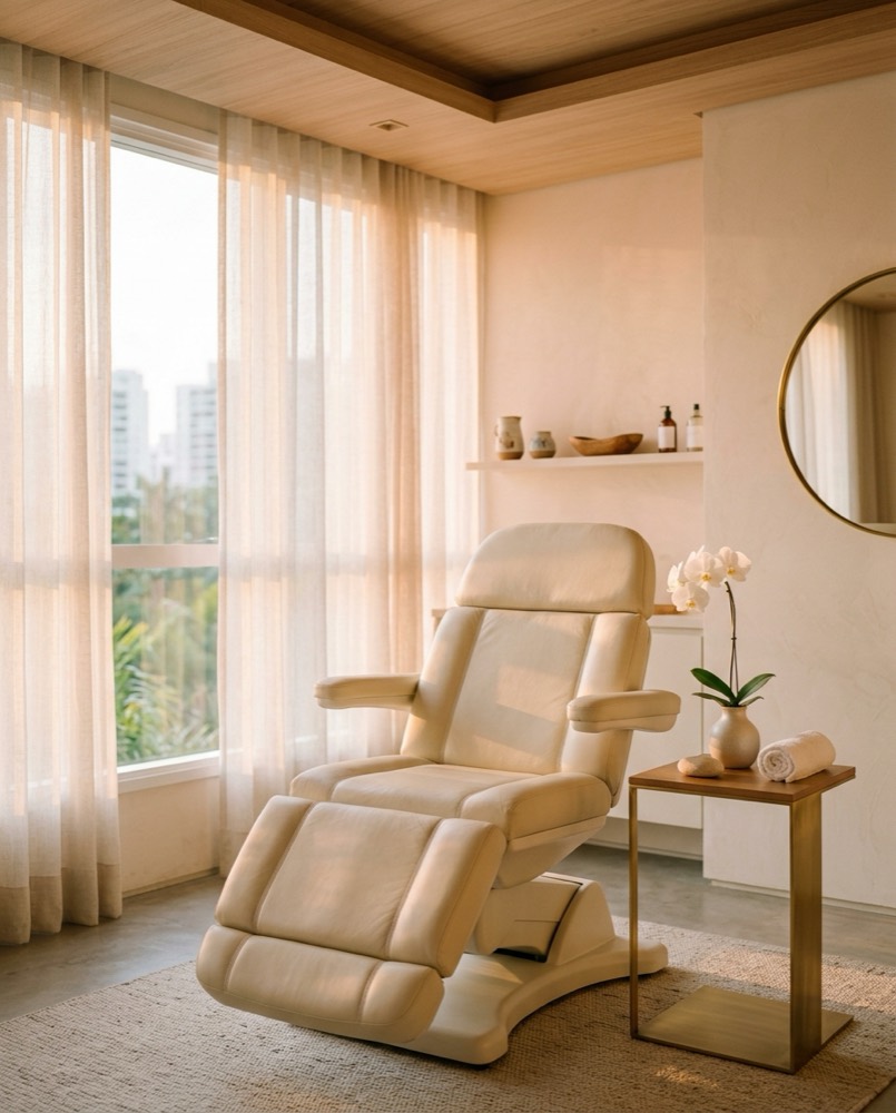 Sala de procedimentos de uma clínica de estética iluminada pelo sol da manhã